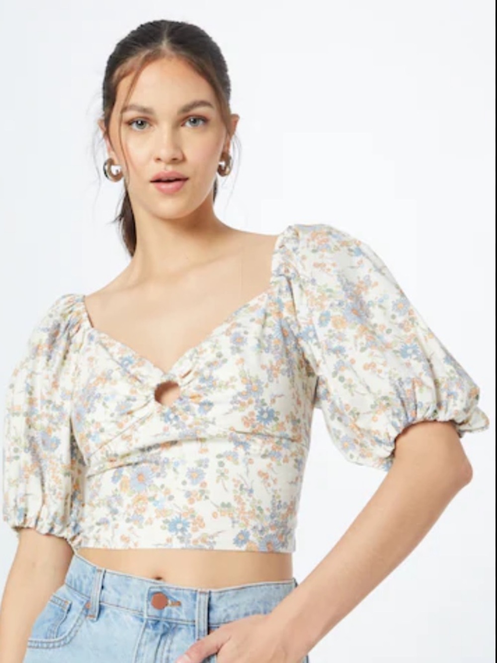 Abercrombie & Fitch Floral Puff Sleeve Poplin Crop Top